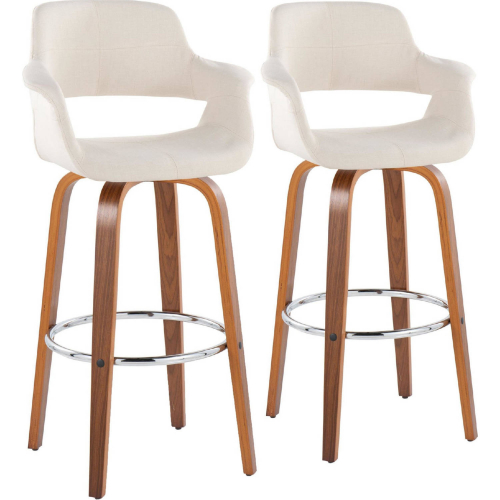 Vintage Flair 30" Swivel Bar Stool in Walnut Wood & Cream Fabric w/ Chrome Footrest (Set of 2)